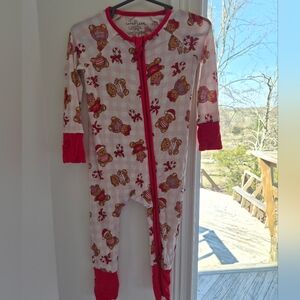 Caden Lane White Footed One-Piece with Red Trim and Bear Print Bamboo Zippy